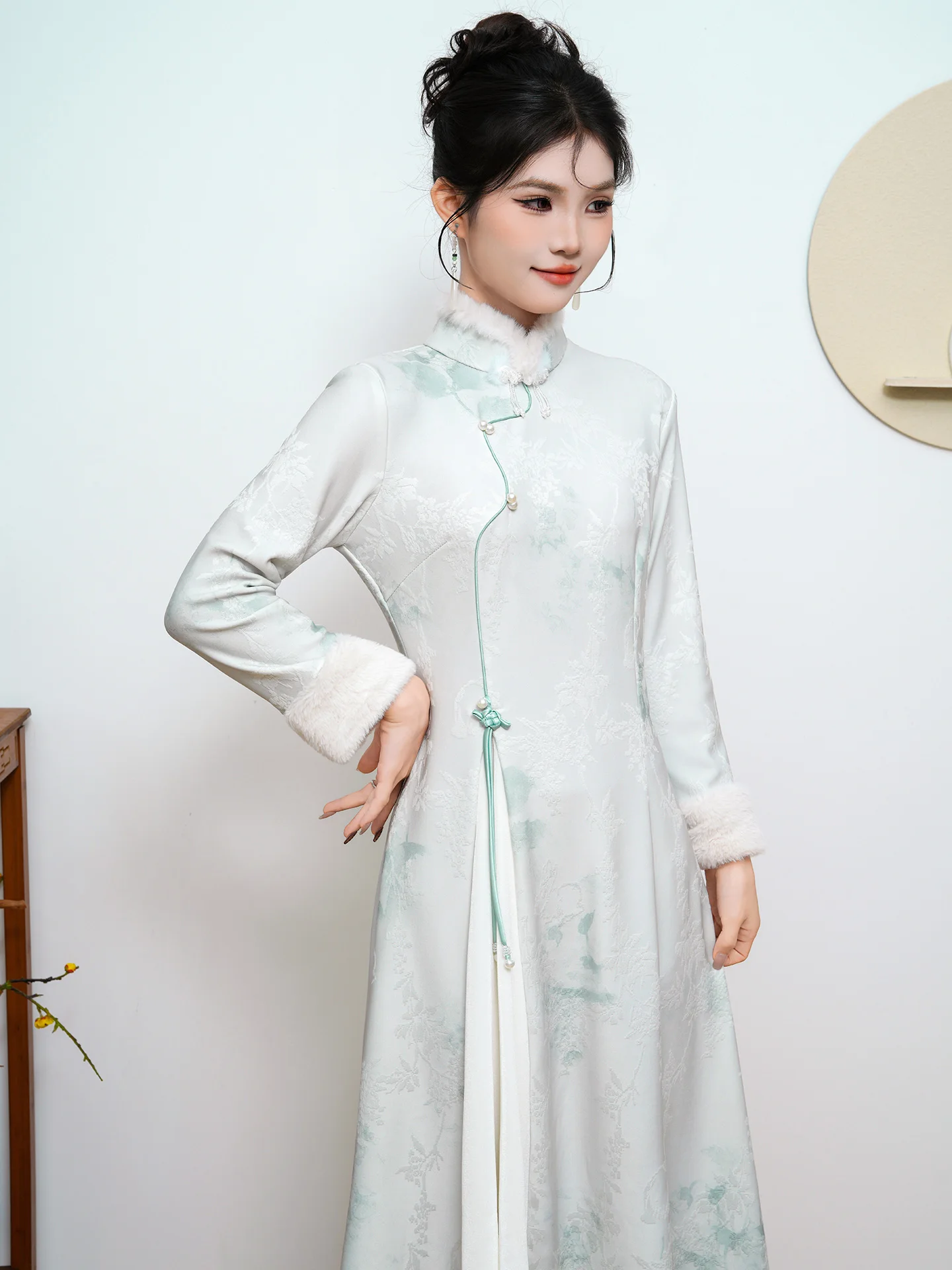 

New 2025 Women's Mid-Length Fce Lined Traditional Chinese Sle Dr Daily Wear Improved Long Sve Floral Pat...