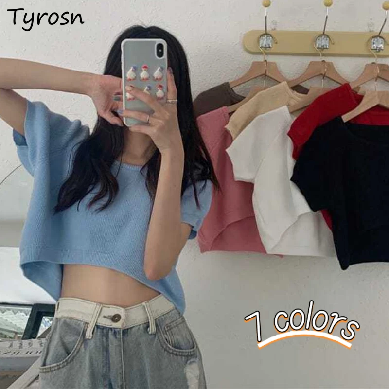 Short-sleeve Pullovers Women Summer Minimalist Pure Cropped Sexy Retro Design Korean Style New Knitting Leisure All-match Ladies