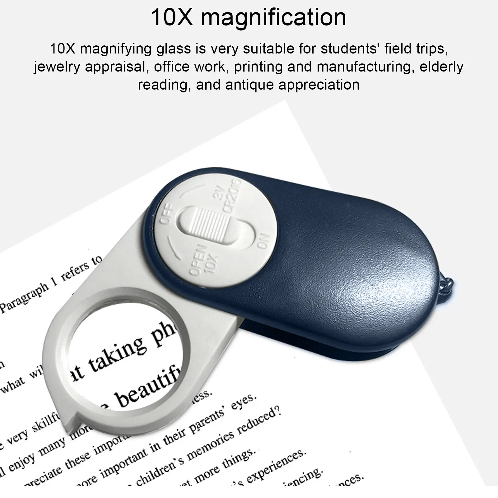 10X Pocket Magnifying Glass Double Layer Lenses Folding Handheld Mini Magnifier Keyring with LED Light