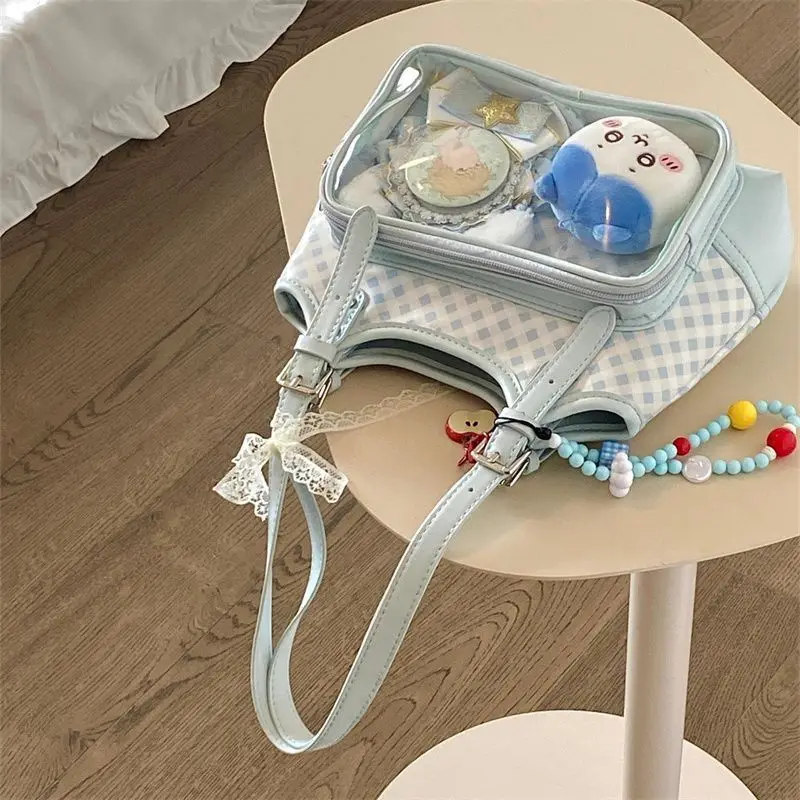 الحلو لطيف السماء الزرقاء الماس نمط حقيبة كتف المرأة المرقعة سعة كبيرة حقيبة يد السيدات أنيمي شارة Harajuku حقيبة تحت الإبط