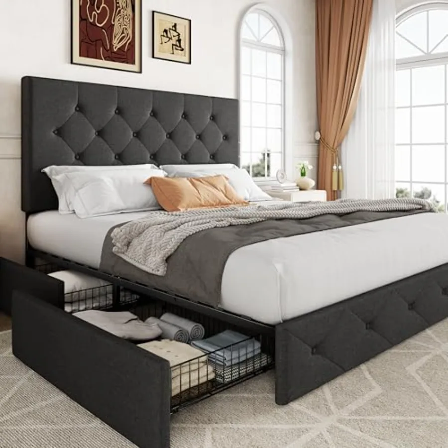 

Upholstered Queen Size Platform Bed Frame with 4 Storage Drawers and Headboard Diamond Stitched Button Tufted Mattress Foundati