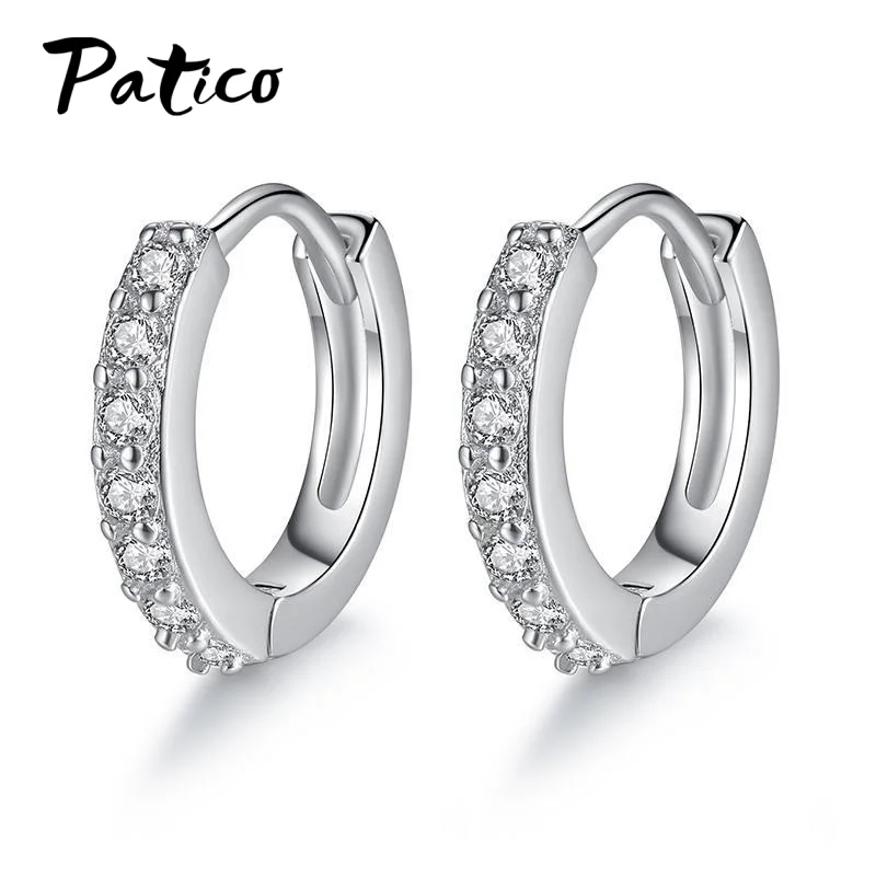 Tiny Trendy 925 Sterling Silver Round Circle Hoop Earrings Full Crystal Zircon Earrings For Women Ear Hooks Jewelry