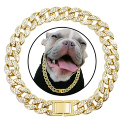 Collier cubain en diamant doré pour chien, collier en métal pour animal de compagnie, bijoux de luxe, accessoires pour petits, moyens et grands chiens, chats, cadeau pour animaux de compagnie