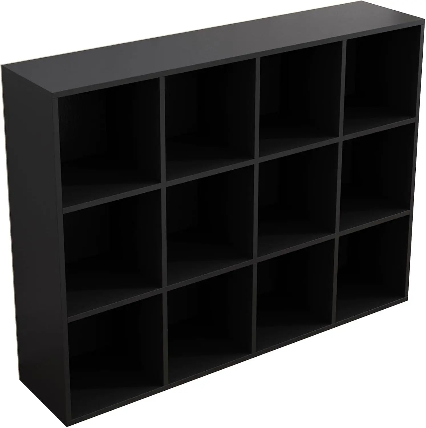 12-Cube Storage Shelf Bookcase - Wooden 3-Tier Floor Standing Open Bookshelf for Home and Office, Display Cabinet, Black