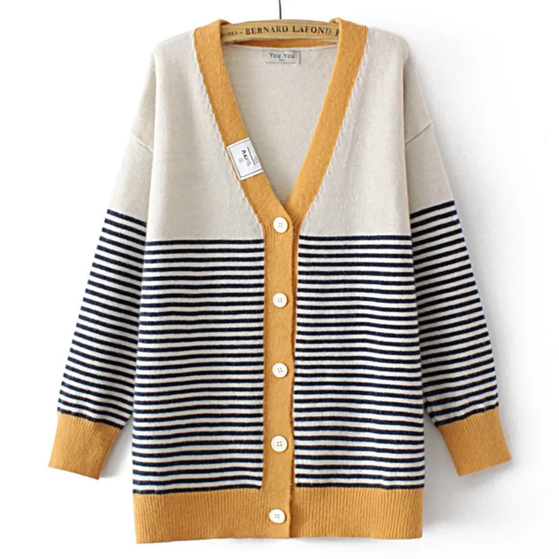 4XL Plus Size Ladies Knit Cardigan Fashion Contrast Color Stripe Jumpers Labeling V-Neck Sweater Coat Autumn Winter Knitwear