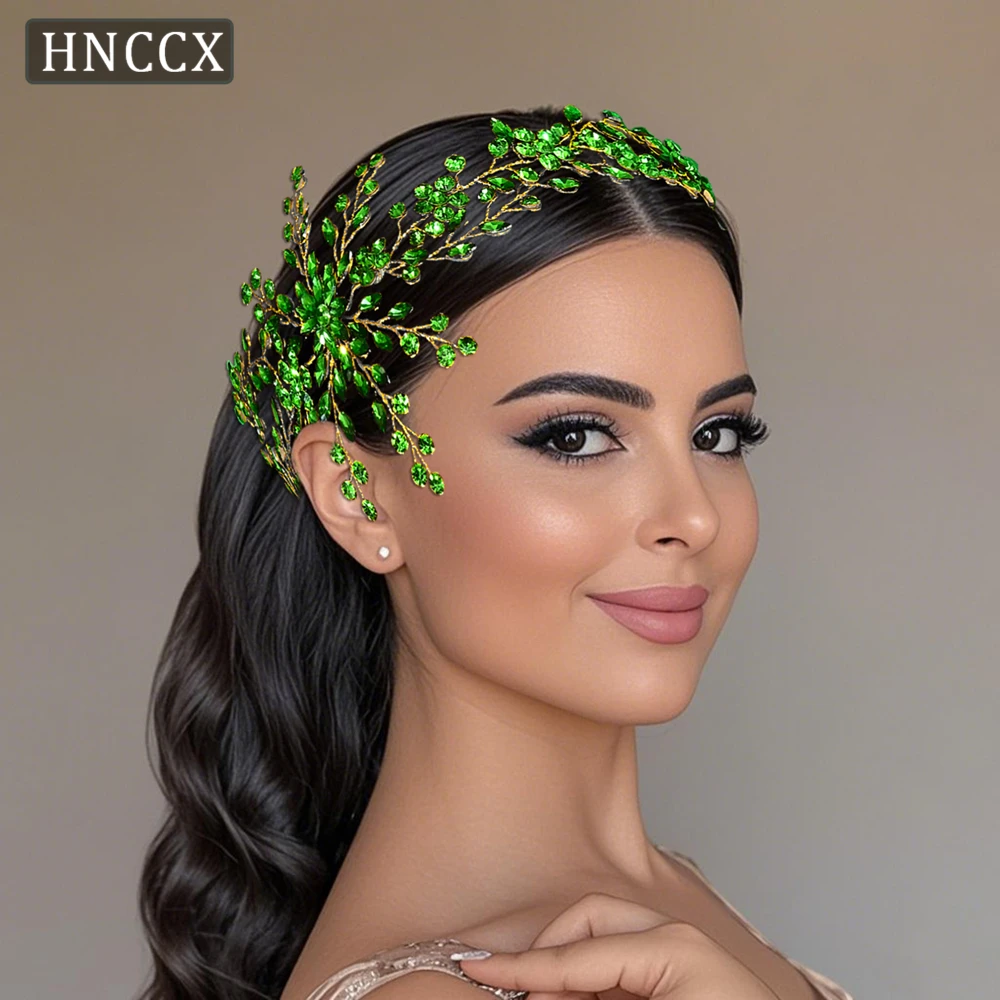 HNCCX Luxury Rhinestone Bride Headbands Trendy Forest-themed Wedding Hair Accessories Green Color Party Headpieces HP242