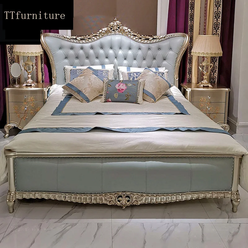 

modern european Italian solid wood genuine leather bed Fashion Carved luxurious french bedroom set furniture king size jxj73