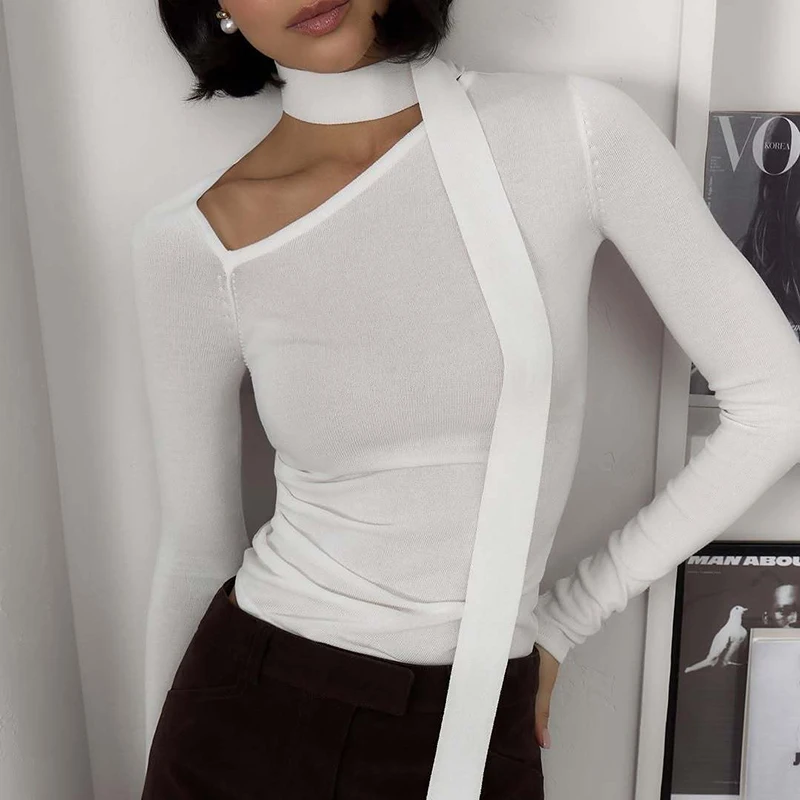 

Typhaland Off-shoulder Slim Knitted T shirt Bottoming Top Women's Irregular Halter Neck Ribbon Sweater Sexy See Through T shirt