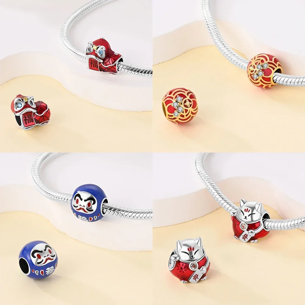 

God of Wealth Lucky Cat Lantern Lion Dance Charms Original 925 Silver Color Beads Fit Bracelet DIY New Year's Jewelry Gift
