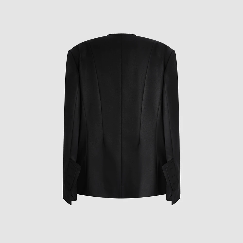 Women Jacket Round Neck Shoulder Pad Design Side Pockets Long Sleeve Elegant Office Lady Business Casual Outerwear Coat