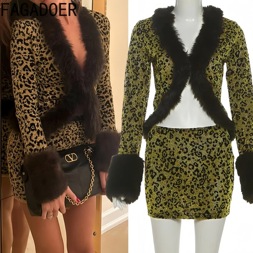 

FAGADOER Sexy Leopard Print Fur Patchwork 2 Pieces Set for Woman Deep V-neck Long Sleeves Crop Top and Skirts Female Streetwear