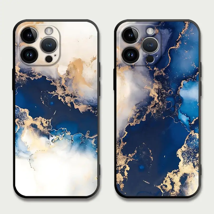 أزياء رخامية حالة زرقاء لفون ، غطاء الهاتف لفون 16 ، 15Pro ، 12 ، 13 ، 14 ، 11 برو ماكس ، XR ، 7 ، 8 ، SE ، XS ماكس ، 12 ميني ، 16 Plus ، 14Pro ، 13Pro