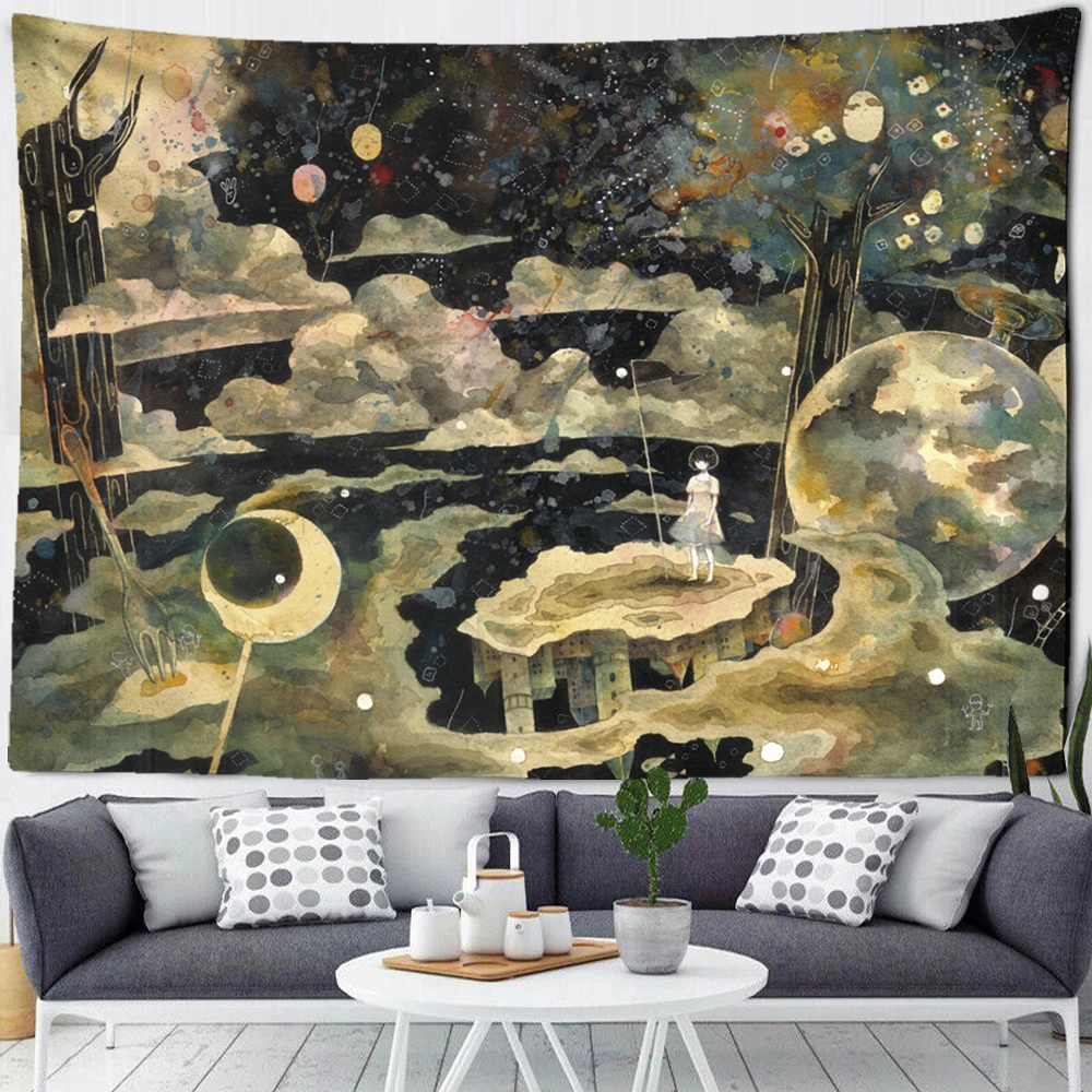 

Cartoon Illustration Tapestry Wall Hanging Bloom and Grow Hippie Art Psychedelic Astrology Divination Children's Room Dream