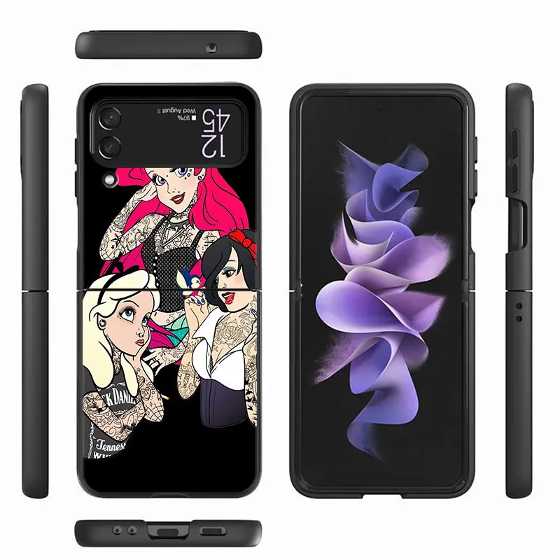 Funda For Samsung Galaxy Z Flip 3 4 5 5G Flip3 Flip4 Flip5 Case Black PC Hard Luxury Back TPU Phone Cover Tattoo Disney Princess