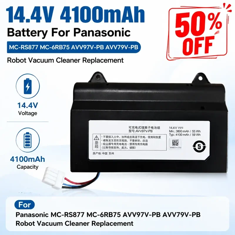 14.4V 4100mAh Battery For Panasonic MC-RS877 MC-6RB75 AVV97V-PB AVV79V-PB Robot Vacuum Cleaner Replacement