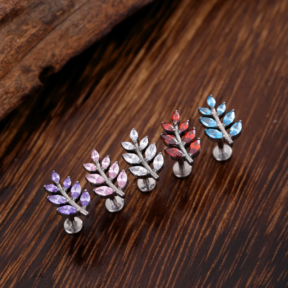 2024 Newest G23 ASTM F136 Titanium 16G Leaf CZ Stone Flat Back Stud Earring Helix Cartilage Monroe Medusa Tragus Piercing