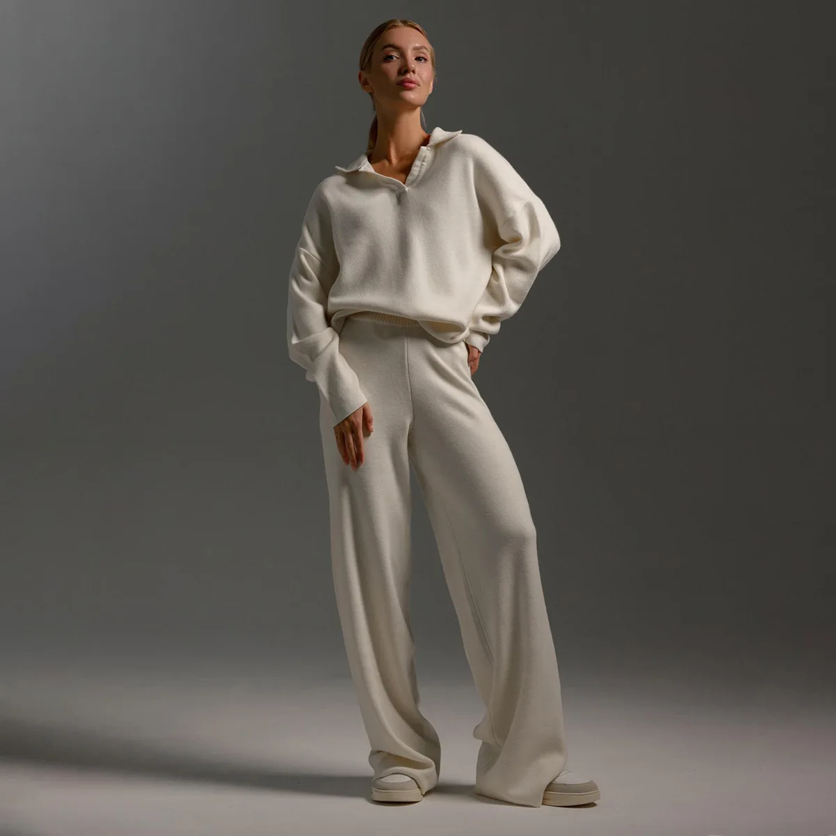 Knitted Set Autumn/Winter Sweater Set Polo Neck Knitted Pullover+Wide Leg Pants Two Piece Set