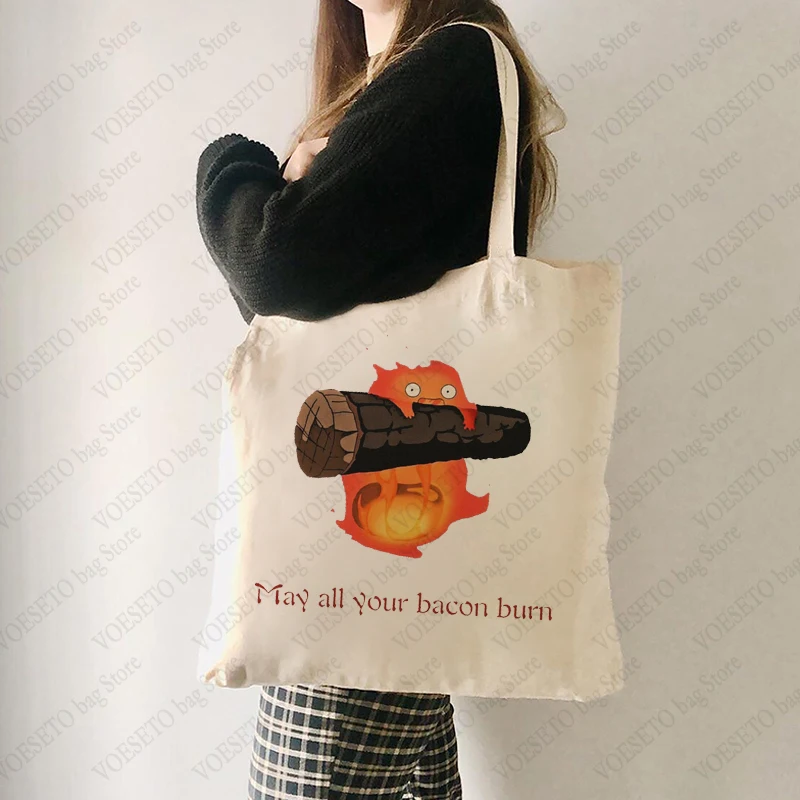 May All Your Bacon Burn Pattern Tote Bag Trendy Folding Canvas Shoulder Bags for Daily Commuting Women\'s Reusable Shopping Bag