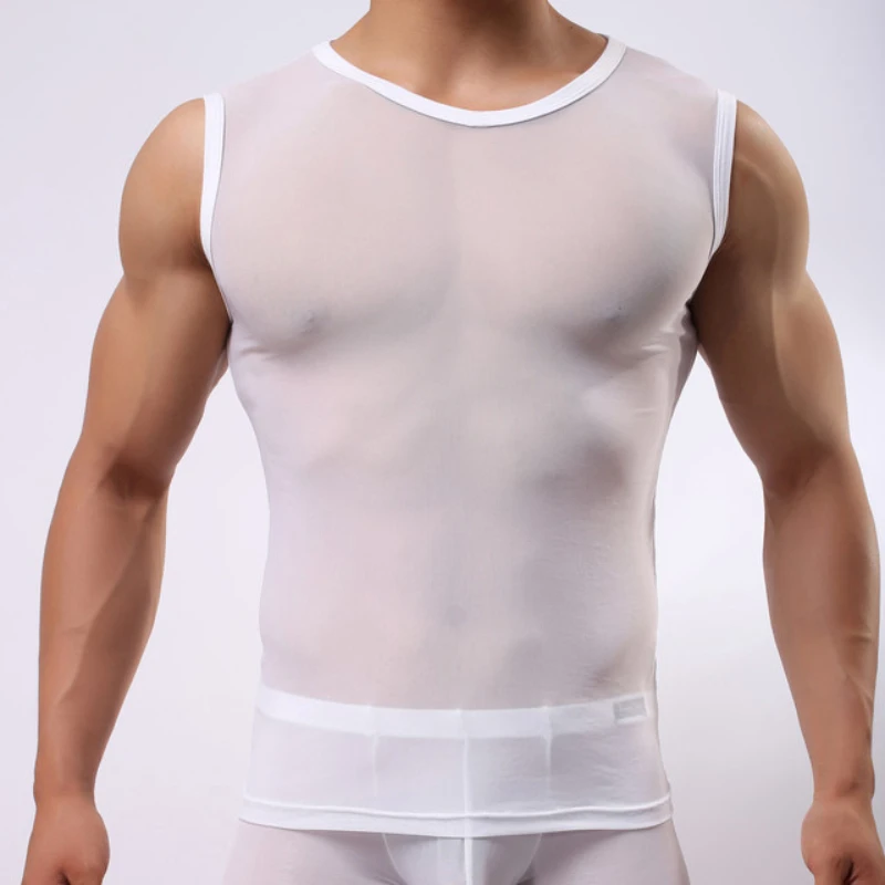 Men's Lingerie Sexy Singlet See Through Undershirts Transparent Tank Tops Black White Beige