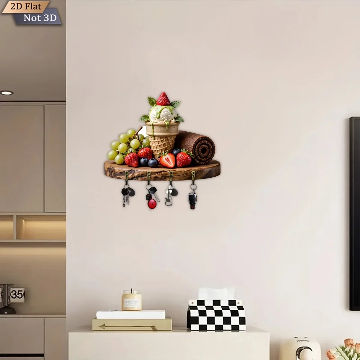 2D Flat, 1pc, Fruit Dessert Theme Style Key Hook, Wooden Multi-Functional Home Key Rack, with Four Metal Hooks, Wall
