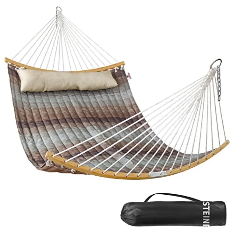 

Double Hammock 11 FT Quilted Fabric 2 Person Hammock for Outside with Pillow Folding Curved Spreader Bar Chains Carrying Bag In
