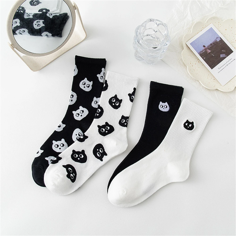 New Women's Cute Cat Black White Socks Lovely Kitten Casual Christmas Gift Sokken Dropship