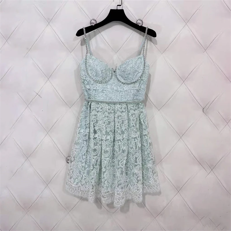 2024 spring and summer new mint green water-soluble lace rhinestone suspender dress y2k high quality fashion casual mini skirt