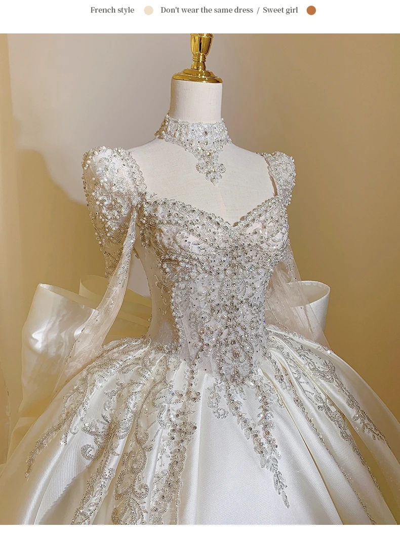 New Sweet Square Collar Satin Wedding Dress Plus Size Custom Lace Up Luxury Bridal Ball Gown Vestido De Noiva Floor Or Train