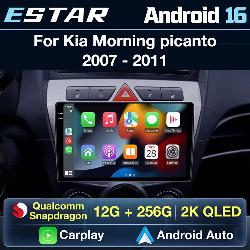 Wireless Carplay Auto Android 16 Car Radio For Kia Morning Picanto 2007 - 2011 DTS Navigation BT 2din Octa Core GPS QLED DSP RDS