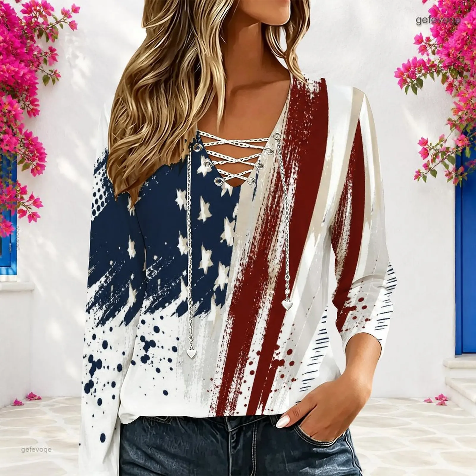 Women Red White Navy American Flag Print Long Sleeve Lace Up V Neck Top