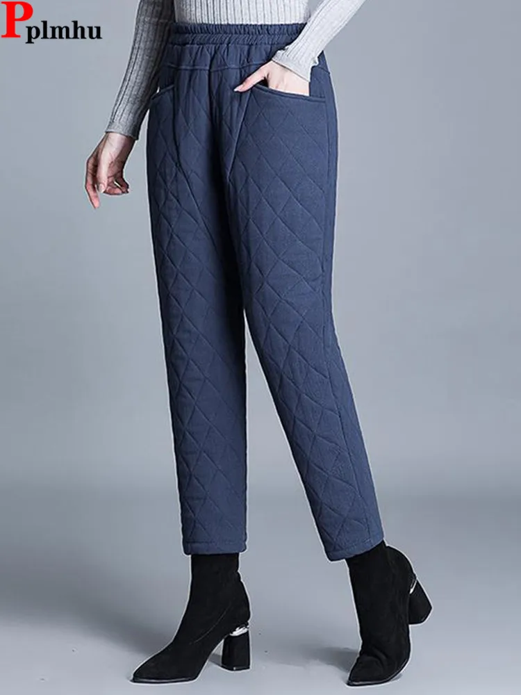 Warm Winter Elegant Cotton Padded Ankle-length Harem Pants Women Puffy Elastic High Waist Pantalone Casual Thick Spodnie New