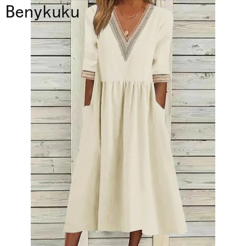 Half Sleeve V Neck Cotton Linen Dress for Women 2024 Summer New Robe Casual Dresses Chic Vintage Spliced Loose Midi Vestidos