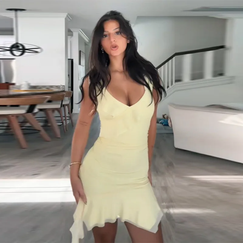 

2026 Summer Fashion Yellow Bodycon Mini Dress Women Sexy Deep V Neck Sleeveless Ruffles Irregular Hem Casual Party Club Dresses