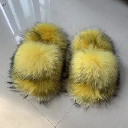 PVC Yellow Luxury Real Fur Raccoon Brown Teddy Fur Slides 2.0 Fox Big Size Home Fur Slippers For Women And Girls