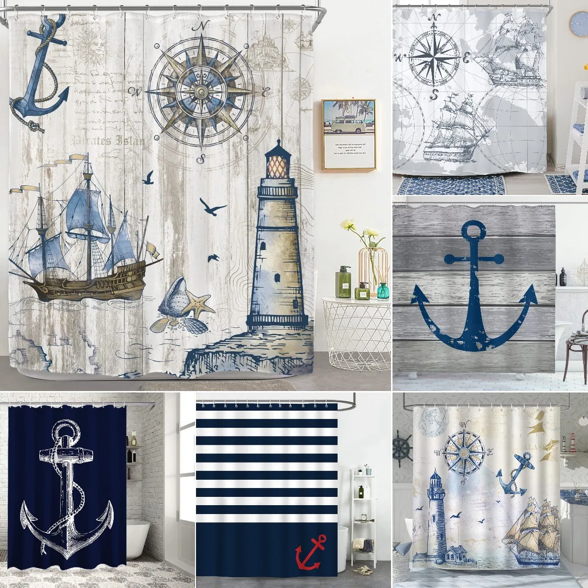 Nautical Sailboat Wooden Shower Curtain Compass Anchor Lighthouse on Vintage Barn Door Pirate Fabric Bathroom Decor with Hooks