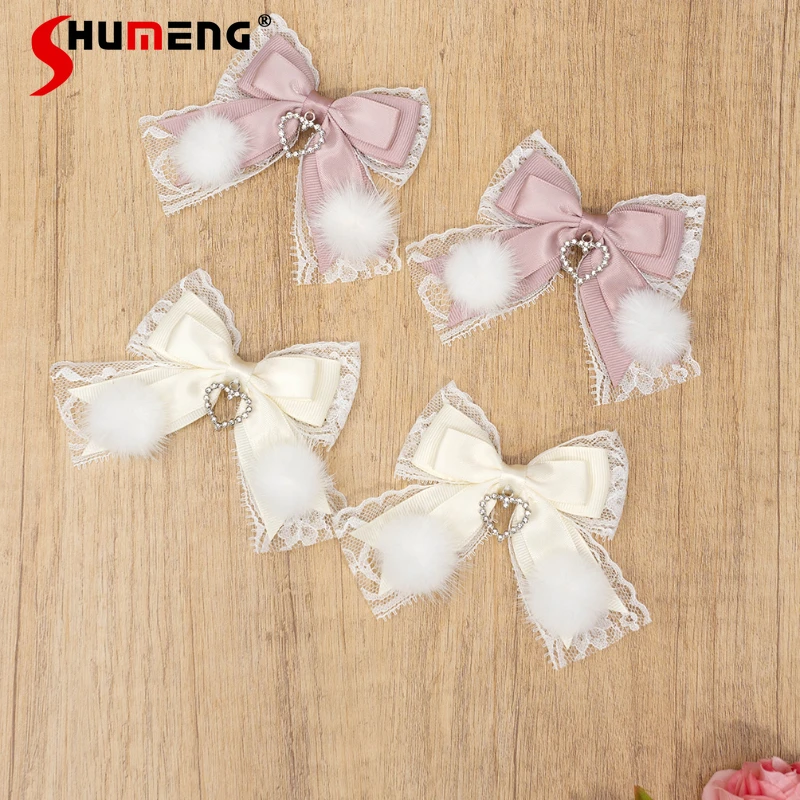 

Lolita Hair Ball Bow Barrettes Japanese Handmade Fur Ball Bow Double Ponytail Hairpin Girl Gentle Two-Dimensional Cute Hairpins