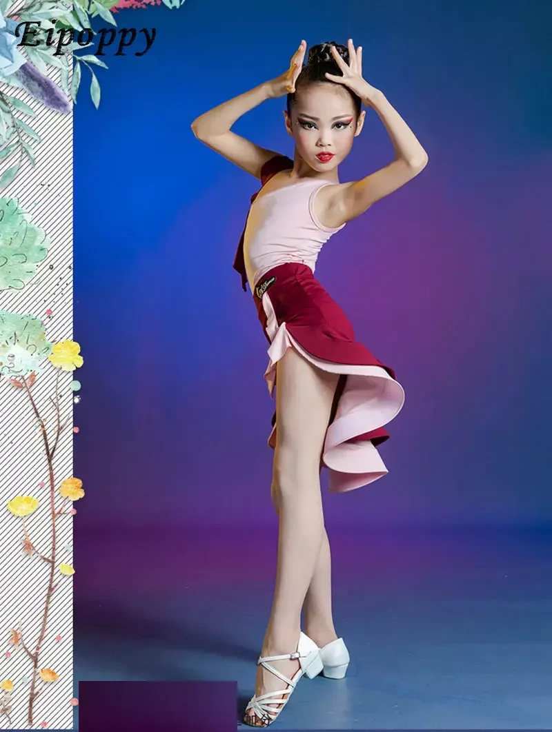 女の子のボールルームラタンダンスコスチューム、キッズボールルームドレス、サルサ、イルバ競技、練習ダンスウェア