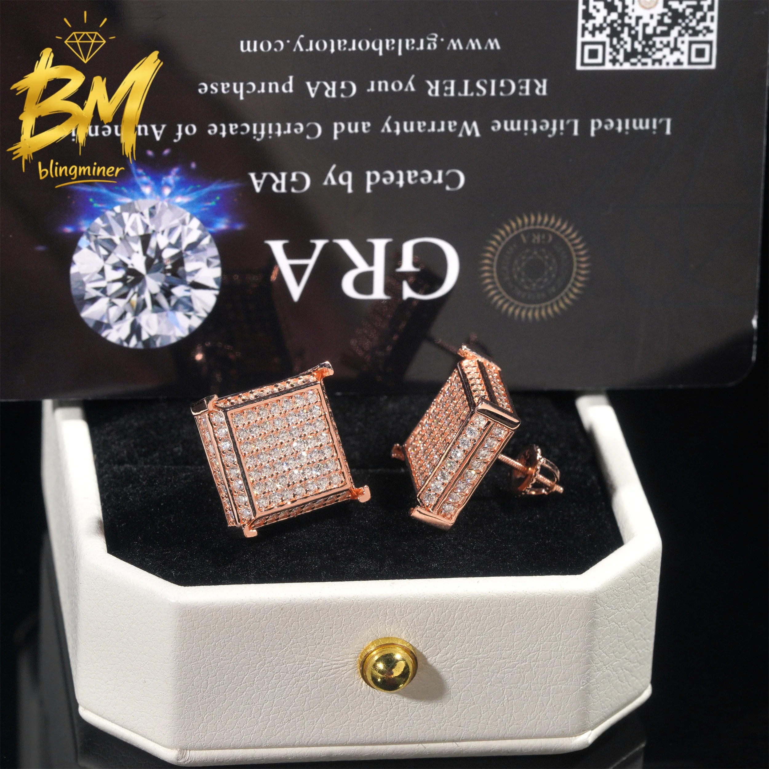 Blingminer Big Square Shape VVS Moissanite Earrings For Men Women S925 Silver Ear Studs Pass Diamonds Tester GRA Free Shipping