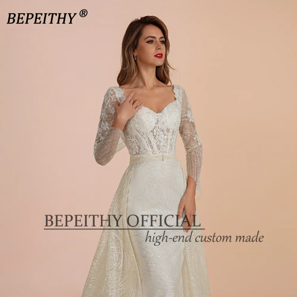 BEPEITHY-vestido de noche de encaje personalizado, ocasión Formal con mangas completas para mujer, vestido de fiesta de cola de corte cuadrado, gran oferta 2023