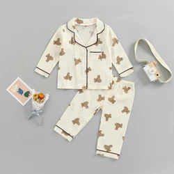 Children Cotton Linen Pajamas Set Kids Baby Girl Boys Casual Clothing Cartoon Bearl Print Long Sleeve Button Sleepwear Homewear