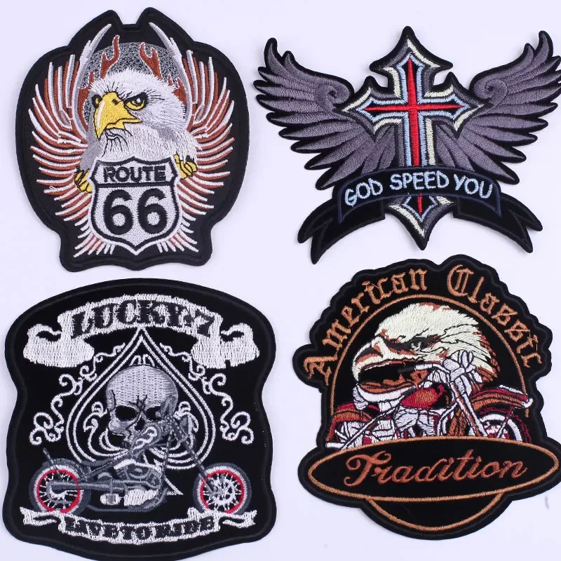 Punk Clothing Thermoadhesive Patches ROUTE 66 Motorcycle Eagle Wings Cross Iron on Embroidered Patch on Clothes Fusible Badges