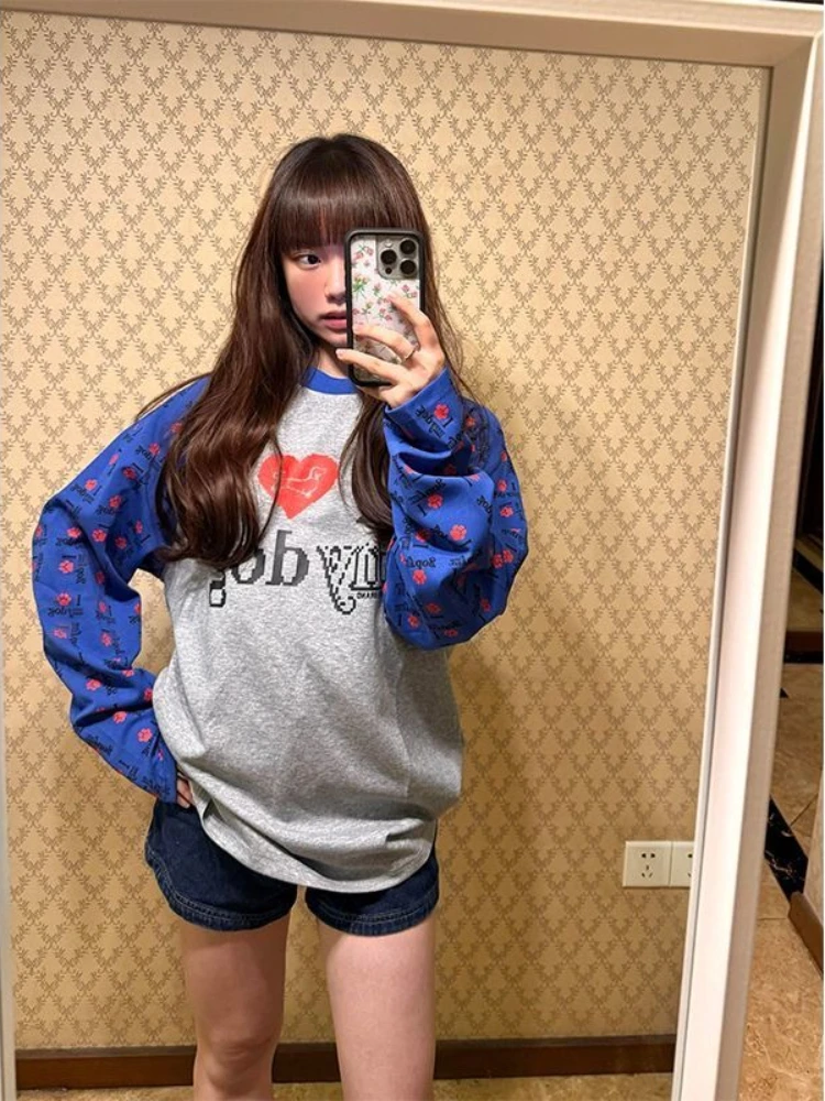 Vintage Dog Print T-Shirt 2025 - American Retro Raglan Sleeve Color Block Top, Unisex Fall Loose Fit Long Sleeve Tee, Y2K Casual