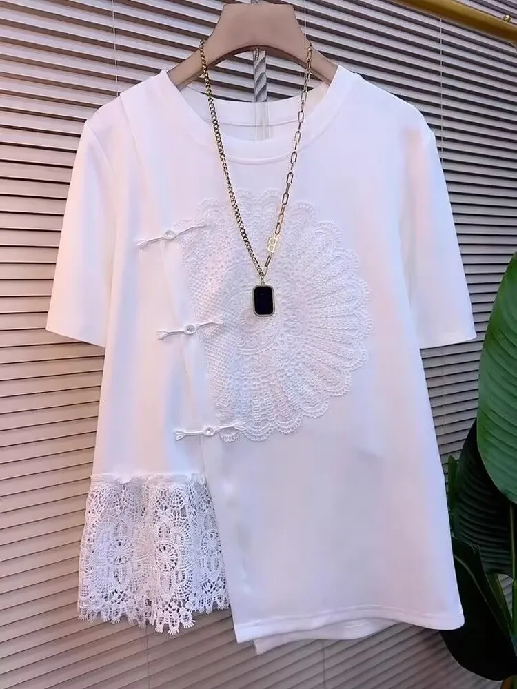 Woman Lace Patchwork T-shirt 2025 New Summer Elegant Chinese Style Knot Button Short Sleeve Top Ladies Elegant White Base Shirts