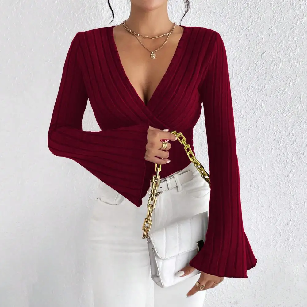 Women Bottoming Tops V-neck Flared Long Sleeve Slim Fit Knitting Tops Solid Color Autumn Winter Blouse view 3