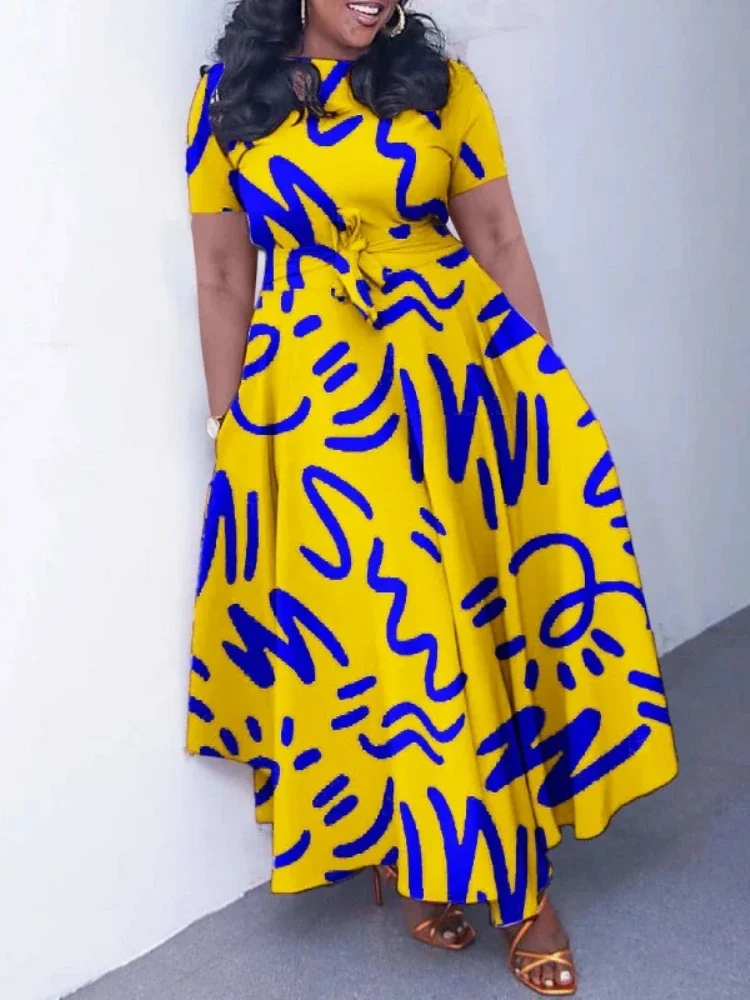 

2025 Dashiki Fashion Belted Maxi Long Party Dress Vintage Printed Sundress Casual Vestidos Robe african dress Summer Women Dress