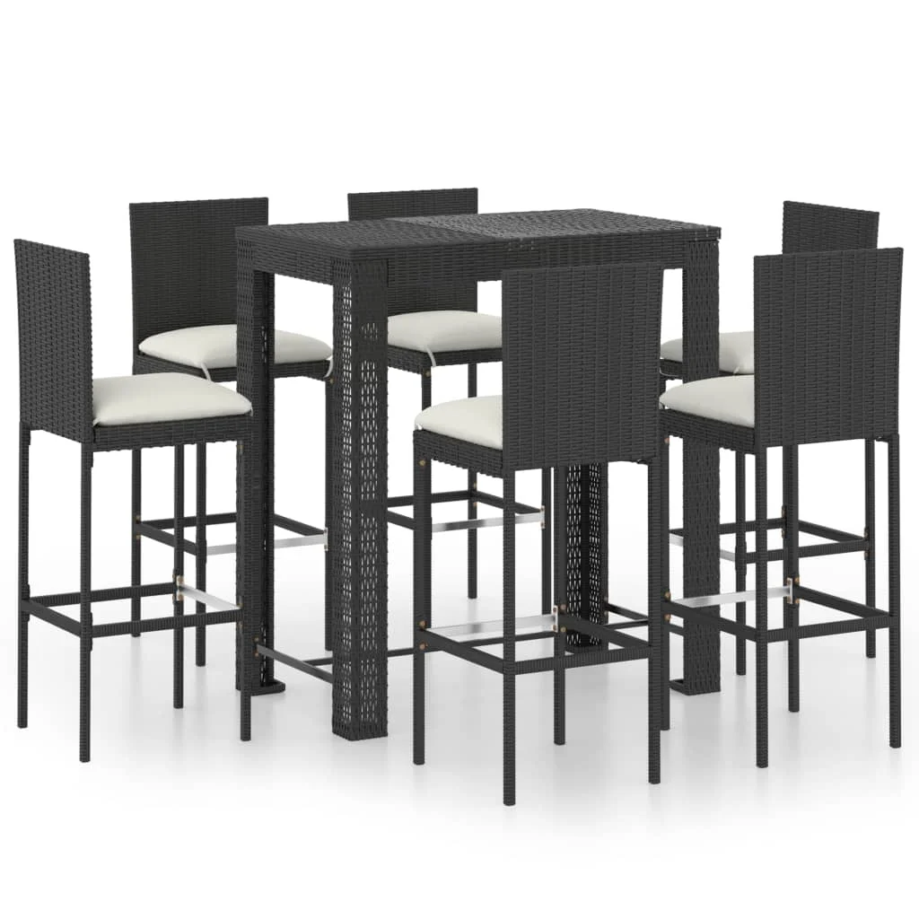 vidaXL 7 Piece Patio Bar Set with Cushions Poly Rattan Black  Bar furniture/bar furniture set