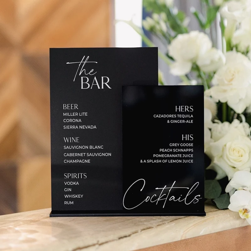 Black Acrylic Wedding Sign, Bar Signage, Wedding Signature Drinks Menu, Signature Cocktails Menu