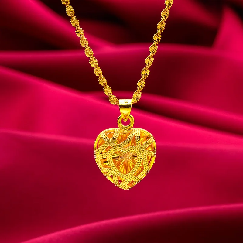 Heart Hollow Necklace Women 24K Gold AU999 - Gold enhances hollow shine, versatile heart, great for stacking