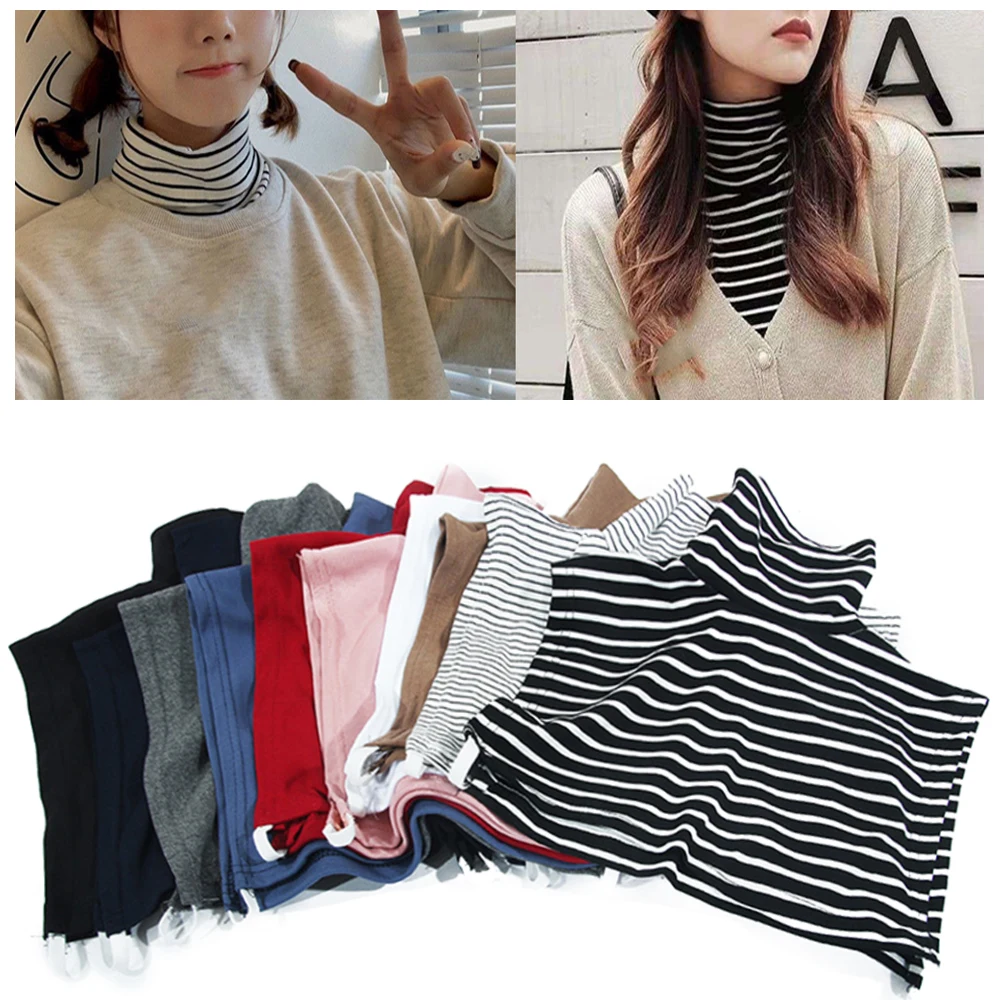 Women Square Fake Collar Stripe Bottoming Neck Scarf Turtleneck Soft Removable Detachable High Collars Women Apparel Accessories