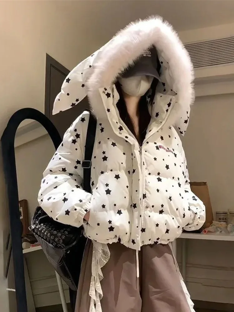 

Vintage Women Stars Print Parkas Winter Cute Rabbit Ears Hooded Puffy Coat American Preppy Style Retro Long Sleeve Sweet Jacket